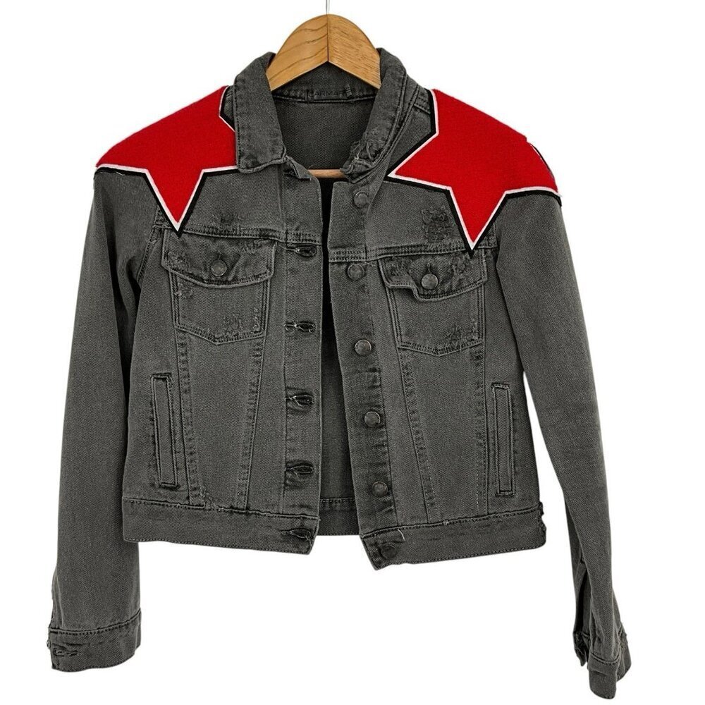 CARMAR Denim Jacket Charcoal Gray Red Shoulder Stars Size S Buttons
